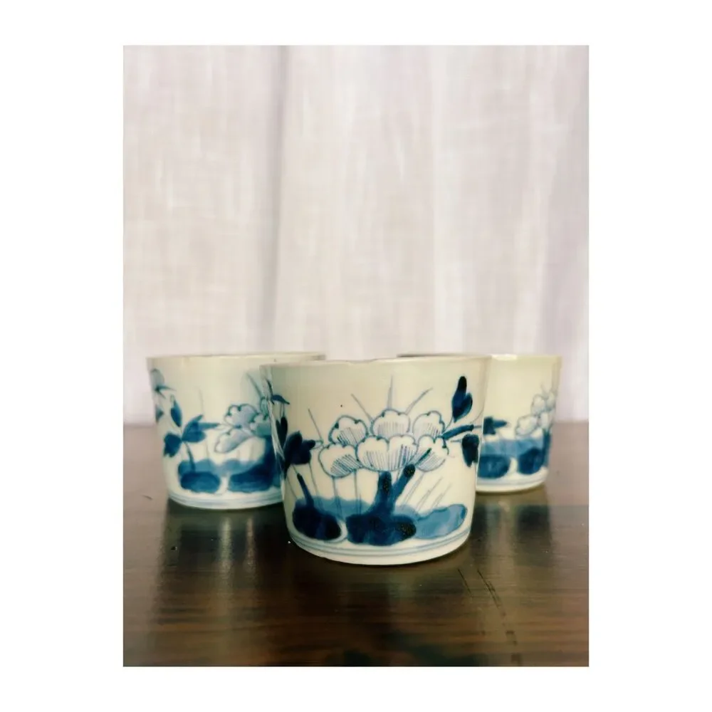 Antique Japanese Soba Choko Cups Blue & White Imari Arita Porcelain Set of 3